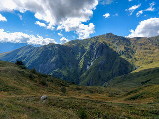 Fototapeta na wymiar Beautiful landscape of mountain valley. Scenic mountains. Amazing green mountain valley. Svaneti, Georgia 