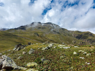 Fototapeta na wymiar Hiking trail leading from Mestia to Koruldi lakes in Upper Svaneti region Georgia 