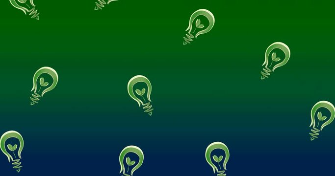Animation of bulbs with plants inside floating over green and blue background
