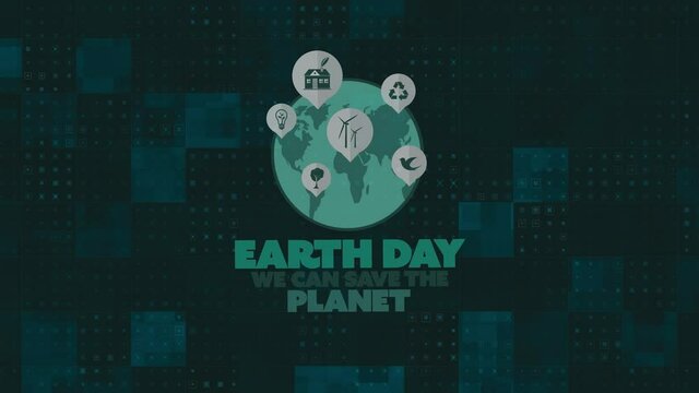Animation of earth and globe with icons on dark background