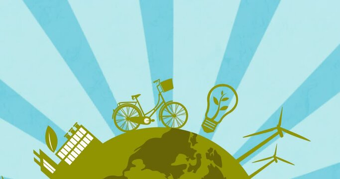 Animation of sustainability symbols rotating on blue background