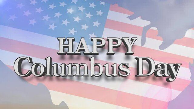 Animation of happy columbus day text over american flag and sky