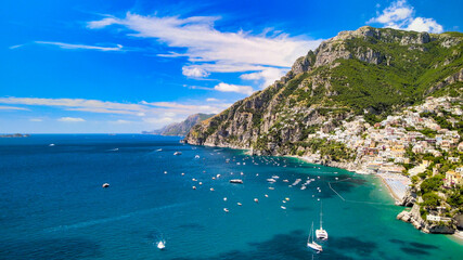 Amazing aerial view of Amalfi Coast landscape in summer season, Italy. Drone viewpoint