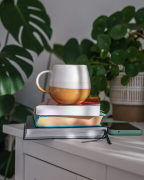 Three books, a mug and a mobile phone on a white sideboard with plant pots