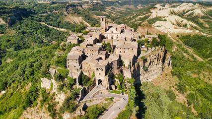 Amazing aerial view of Civita di Bagnoregio landscape in summer season, Italy. This is a famous...