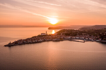 Slovenia, Piran peninsula at sunset, drone view
