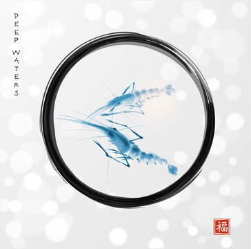 Ink wash painting of two blue prawns in black enso zen circle. Traditional oriental ink painting sumi-e, u-sin, go-hua. Translation of hieroglyph - zen