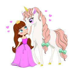 Pretty little princess in pink gown and golden crown with magical unicorn amidst hearts, colored cartoon vector illustration isolated on white background