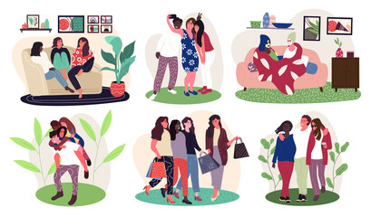 Set of six scenes showing friendship and companionship amongst couples and groups of young men and women of diverse multiracial people, bundle of flat cartoon vector illustrations
