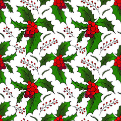 Hand drawn Christmas seamless pattern with holly branches. Colorful   branches  in vintage style. Vector illustration with elements decorations for  greeting cards, christmas posters and wrapping.