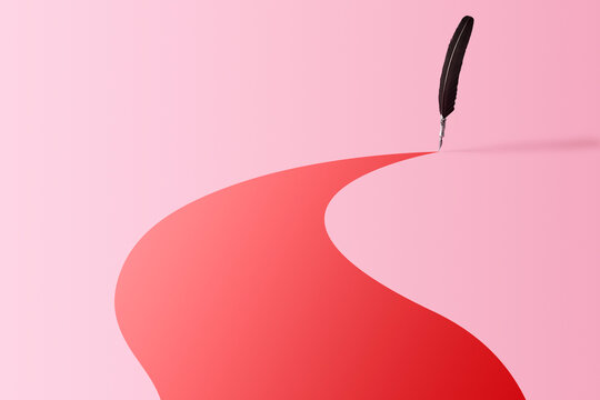 Quill pen leaving a colorful trace over pink background