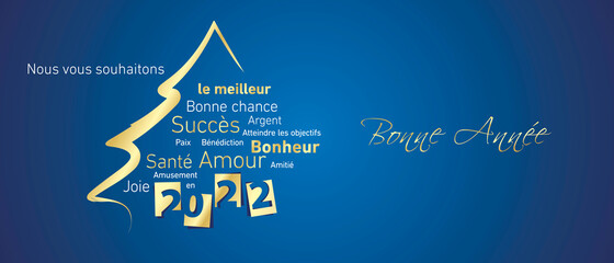 Happy New Year 2022 golden negative space numbers abstract christmas tree French language word cloud text white blue background vector greeting card © simbos
