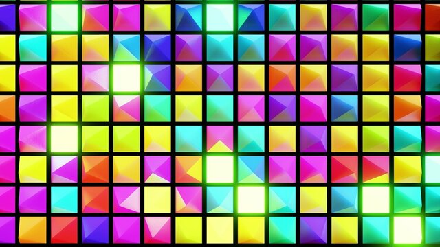 3d render. Abstract festive background with multi-colored pyramids on a plane flashing neon light randomly.