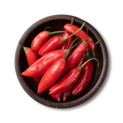 Red chili peppers on a bowl isolated over white background