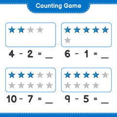 Fototapeta premium Counting game, count the number of Starfish and write the result. Educational children game, printable worksheet, vector illustration
