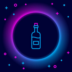 Glowing neon line Bottle of wine icon isolated on black background. Colorful outline concept. Vector