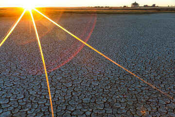 Spain, Reserva natural de Lagunas de Villafafila, dried lake bottom at sunrise