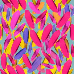 Seamless pattern with pink and yellow leaves on blue background. Summer style 