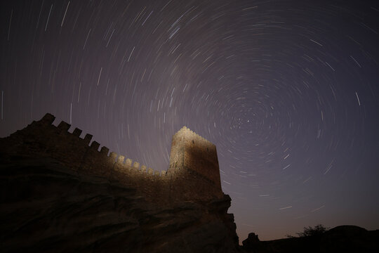 Spain, Guadalajara, Castle of Zafra at night, starry sky