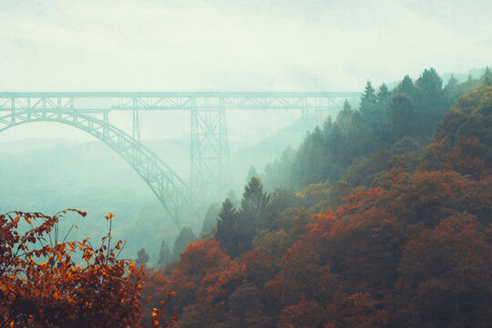 Bridge and fog in autumn