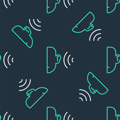 Line Ear listen sound signal icon isolated seamless pattern on black background. Ear hearing. Vector