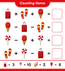 Counting game, count the number of Ice Cream, Flip Flop, Travel Bag, Candy and write the result. Educational children game, printable worksheet, vector illustration