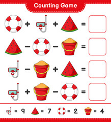 Counting game, count the number of Scuba Diving Mask, Sand Bucket, Watermelon, Lifebuoy and write the result. Educational children game, printable worksheet, vector illustration