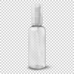 Transparent plastic cosmetic bottle with pump realistic vector illustration. Container for gel cleanser, lotion, facial cream. Travel format beauty product package