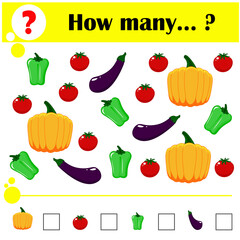 Educational math game for kids. Count the vegetables