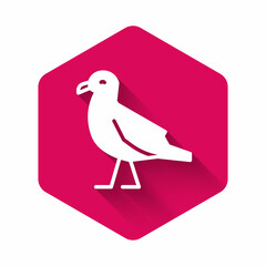 White Bird seagull icon isolated with long shadow background. Pink hexagon button. Vector