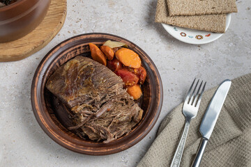 Beef stew with vegetables. Slow cooking, comfort food.