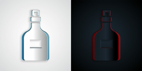 Paper cut Alcohol drink Rum bottle icon isolated on grey and black background. Paper art style. Vector