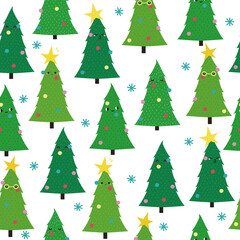 Funny Christmas trees characters seamless pattern. Holiday print. Vector hand drawn illustration.
