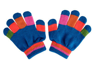 children's textile cotton gloves mittens for kids, colorful bright, warm wool, insulated on a white background