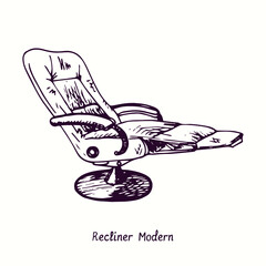 Recliner Modern Chair. Ink black and white doodle drawing in woodcut style.