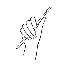 Female hand with acrylic nail brush or artist paint brush in line art vector icon