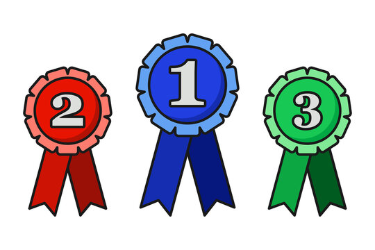 First place second place and third place rossette prize ribbons in blue red and green vector set