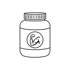 Protein powder container with muscle symbol for fitness concept in outline vector icon