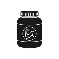 Protein powder container with muscle symbol for fitness concept in silhouette vector icon