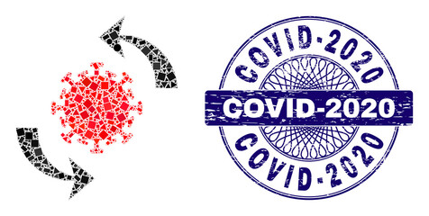 Obraz premium Geometric mosaic coronavirus update, and Covid-2020 corroded seal. Blue seal contains Covid-2020 caption inside round shape. Vector coronavirus update mosaic is composed from random circle, triangle,