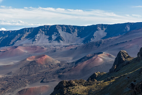 USA, Hawaii, Maui, Haleakala, volcanic landscape with clouds, View into Haleakala crater