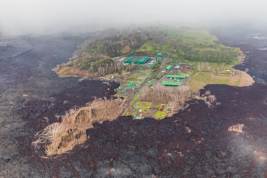 USA, Hawaii, Big Island, aerial view of the impacts of the volcanic eruption in 2018, Puna Geothermal Power Plant