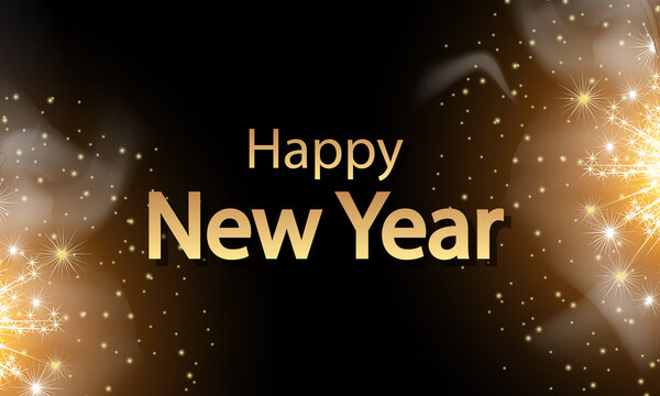 Happy new year on dark background with sparklers, vector art illustration.