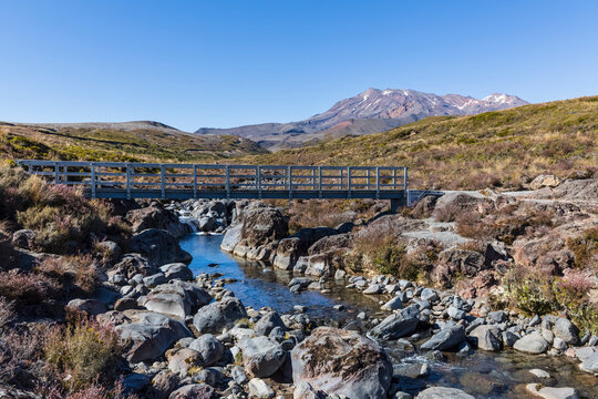 New Zealand, Bridge over Wairere Stream with Mount Ruapehu volcano in background