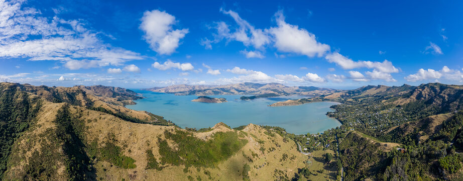 New Zealand, Governors Bay, Aerial panorama of Thomson Scenic Reserve