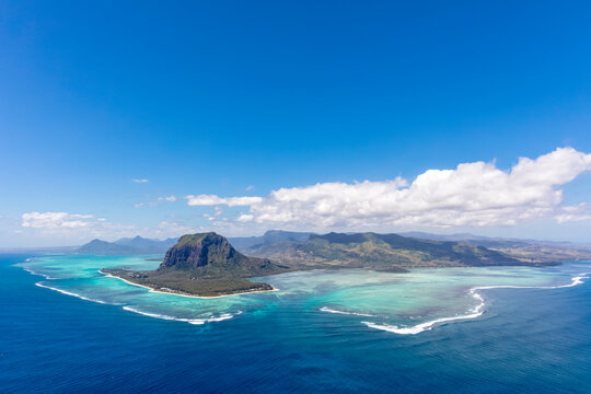 Mauritius, Southwest Coast, view to Indian Ocean, Le Morne with Le Morne Brabant, natural phenomenon, underwater waterfall, aerial view
