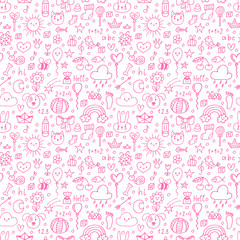 Background for cute little girls. Colored seamless pattern. Hand drawn children drawings. Doodle background
