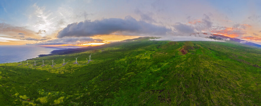 USA, Hawaii, Maui, south coast, Haleakala volcano, Luala?ilua Hills and wind turbines at sunset