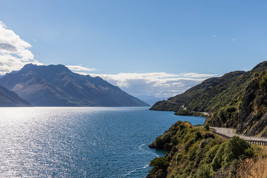 New Zealand, Lake Wakatipu and Kingston Road seen from Devils Staircase Lookout Point