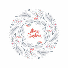 Obraz premium Christmas wreath of grey fir branches, berries, and pine cones. Greeting card in hand drawn style